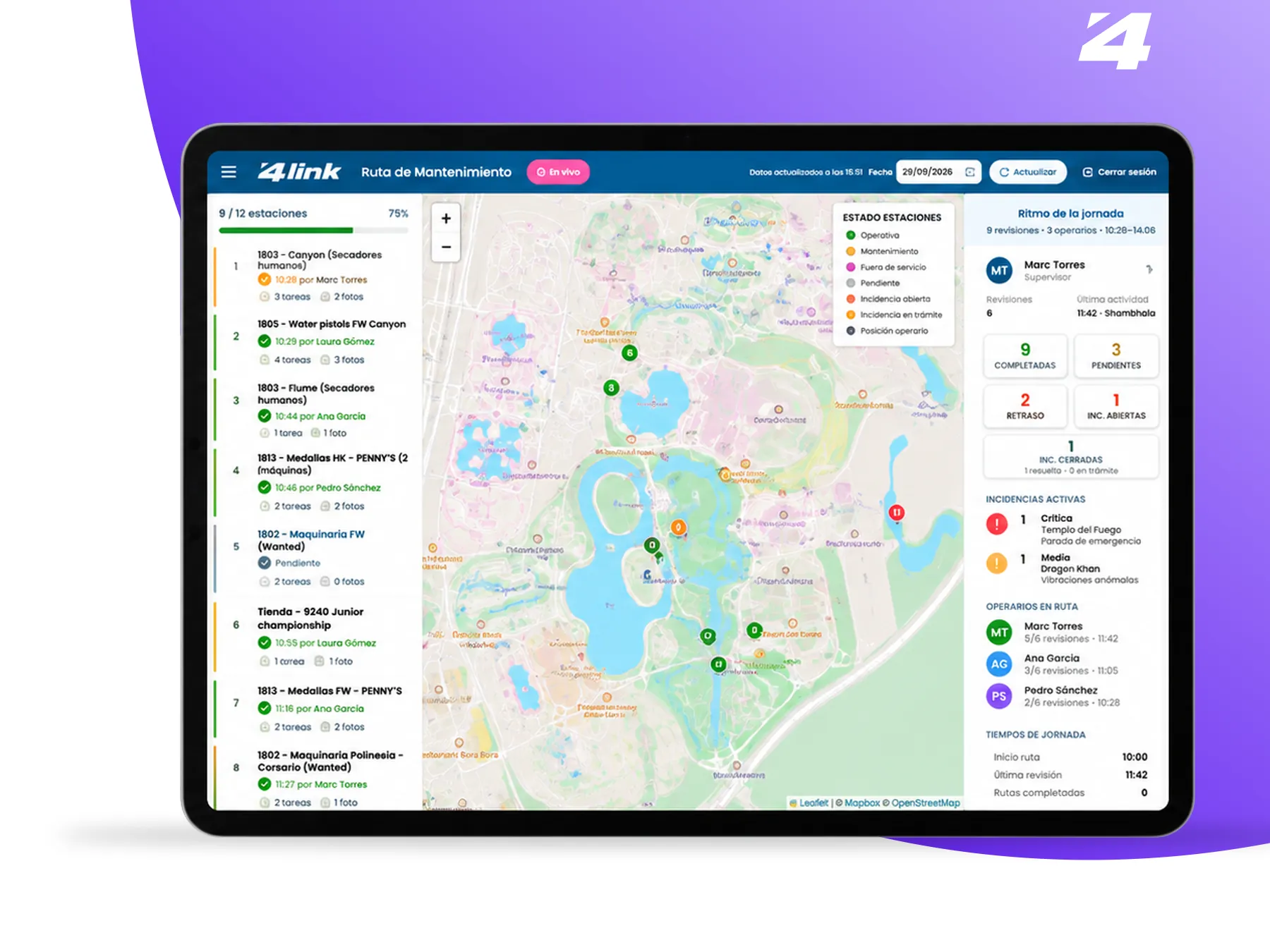 Ruta de mantenimiento en vivo con mapa de estaciones y KPIs de la jornada